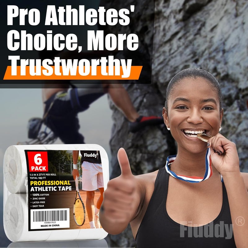 Fiuddy Professional 6 Pack White Athletic Sports Tape - 1.5 Inch × 27 Feet Per Roll | Total 162 Feet, Very Strong Easy Tear No Sticky Residue Wrist Ankle Tape for Football Climbing Soccer Gymnastics Injuries - Image 3